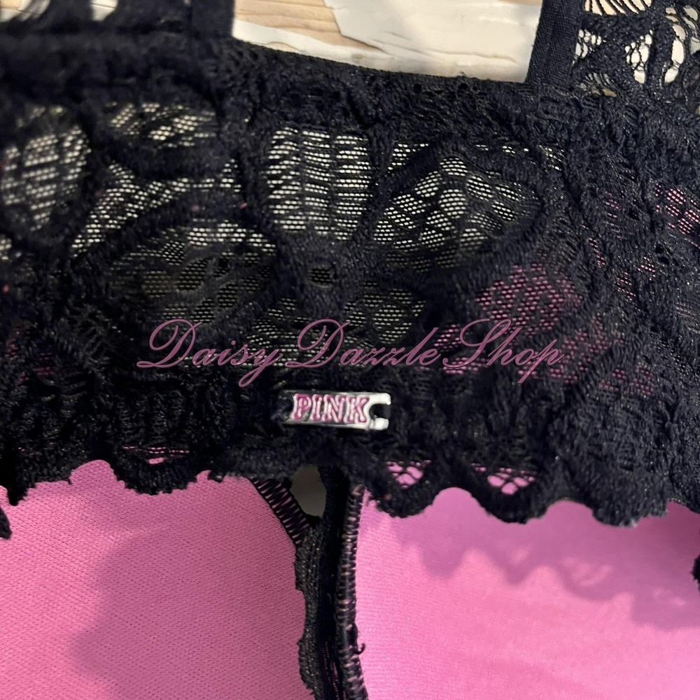 Victorias Secret PINK Date Push Up Bra Bralette Black Lace Racerback Bra 36 D - Picture 7 of 10